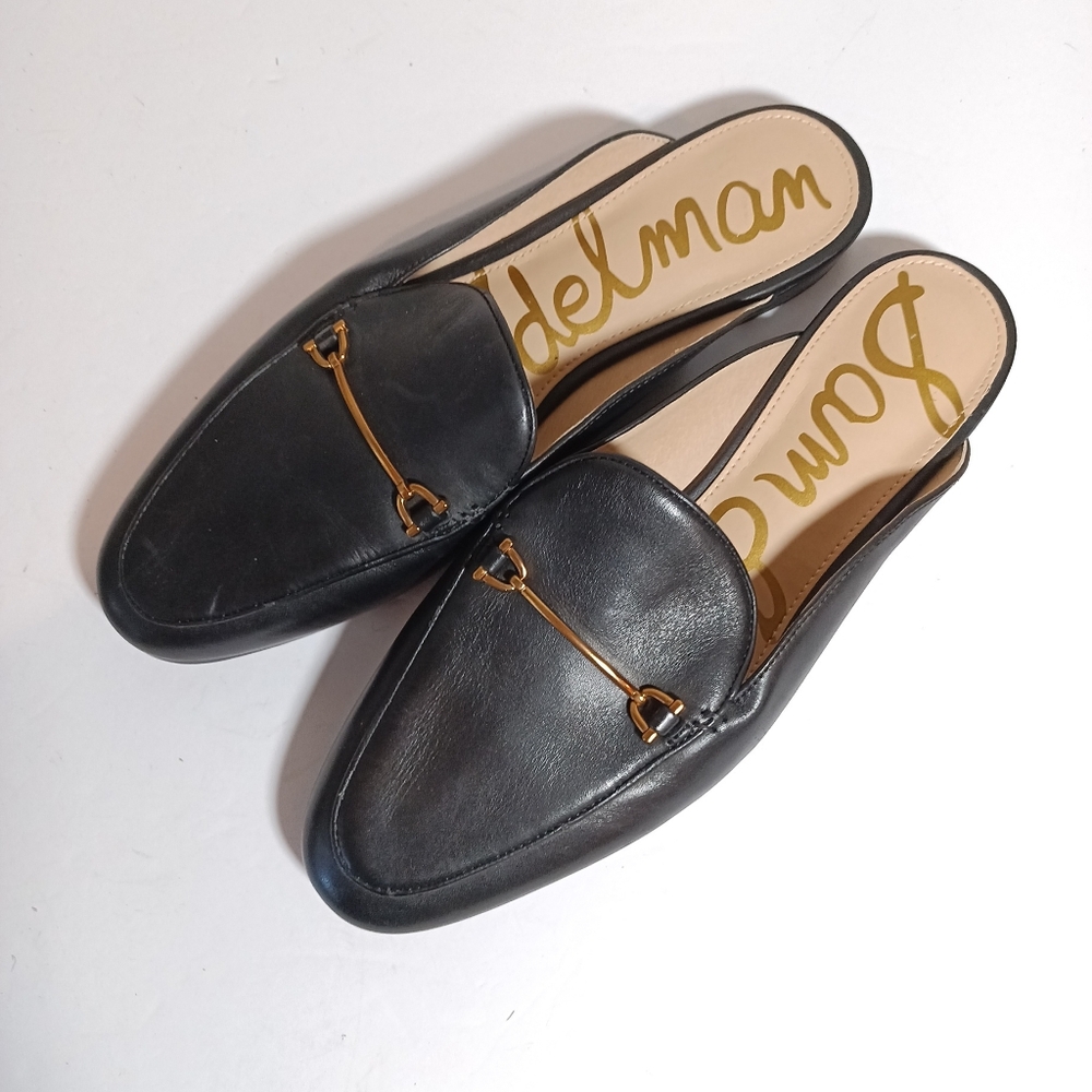 Sam Edelman Black Leather Backless Mules with Gold Horsebit - Picture 2 of 7